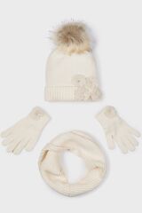 Комплект:шапка, шарф, перчатки для девочки Mayoral, Кремовый, 128