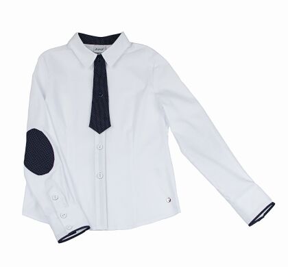 Блузка для девочки с галстуком на длинный рукав, Белый, 128