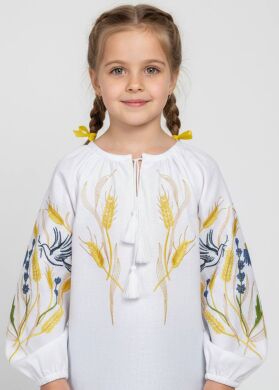 Українська вишиванка Колоски для дівчинки з льону Piccolo, Білий, 122
